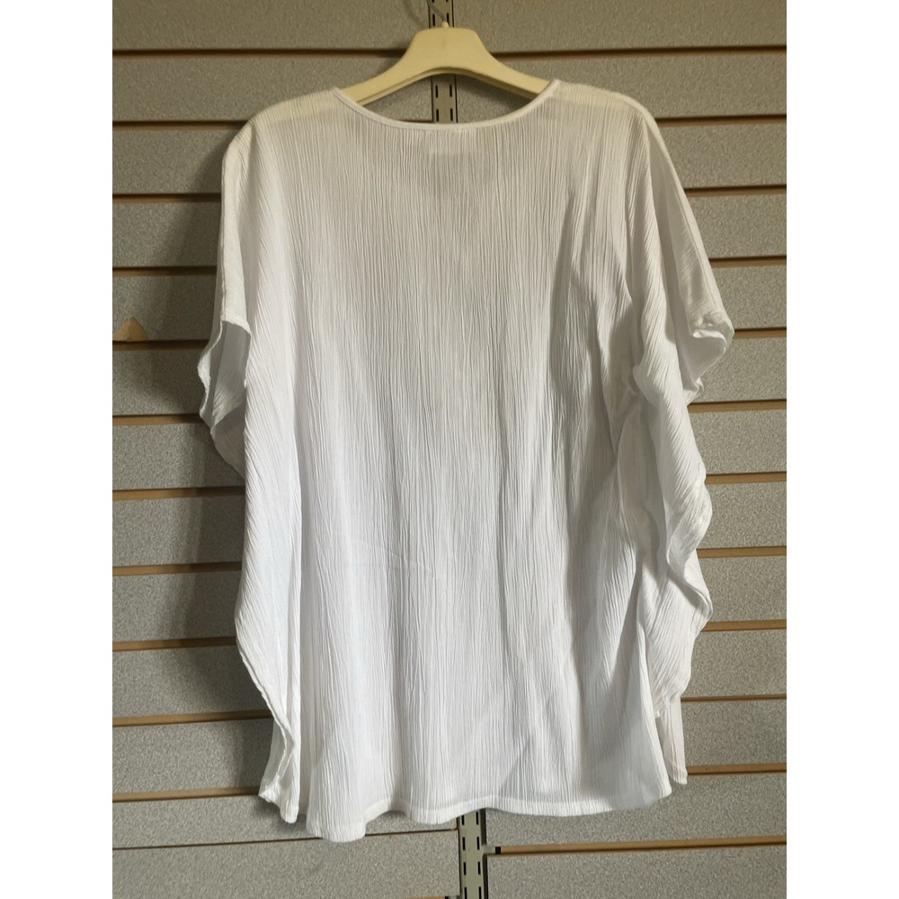 D & Co Denim And Company White W/tan Embroidery Neck Tassels Ribbed Short Sleeve - Picture 6 of 7